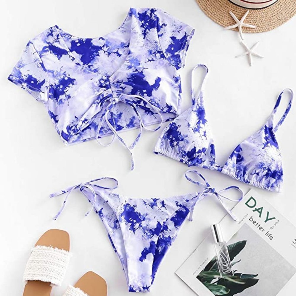 3 Piece Royal Blue Purple and White Tie Dye Bikini w/ Crop Top Size L 8/10